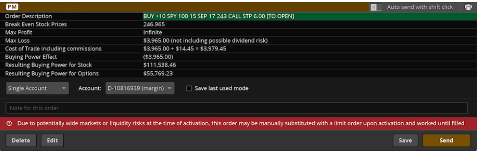 market order Think or Swim tradewins daily